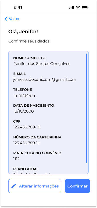Tela de confirmação de dados