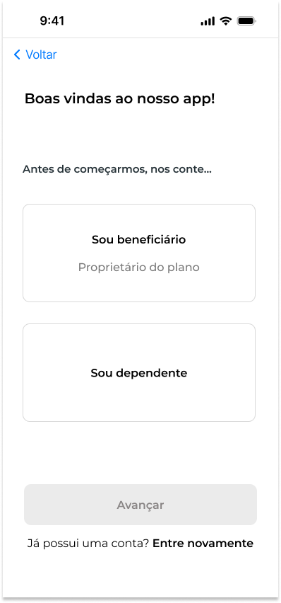 Escolha de perfil no onboarding